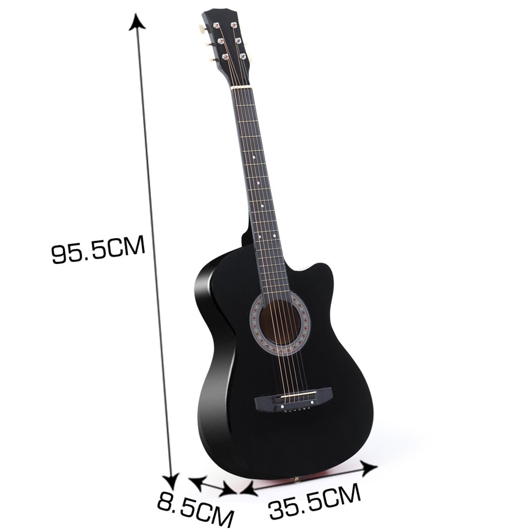 BoPeep 38 Inch Wooden Folk Acoustic Guitar with a sleek black finish and cutaway design, showcasing its laminated linden body and Eco-Rosewood fingerboard.